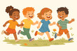© IsarStudio - Happy diverse kids running in park. Group of multicultural children playing together outdoors. Joyful childhood, friendship, and fun concept. Cute cartoon vector illustration.