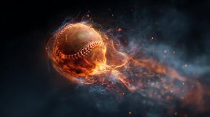 Wall Mural - Vibrant flaming softball in mid-air surrounded by sparks and wisps of smoke against a dark mysterious black background atmosphere. .