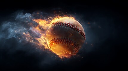 Wall Mural - Vibrant flaming softball in mid-air surrounded by sparks and wisps of smoke against a dark mysterious black background atmosphere. .
