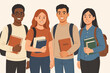 © IsarStudio - Happy multicultural university students illustration. Diverse group of young people, men and women, with books and backpacks. Concept of education, teamwork, friendship, and inclusion.