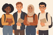 © IsarStudio - Diverse group of happy university students. Multiethnic friends with backpacks and books. Education, learning, inclusion, and friendship concept. Flat vector character illustration.