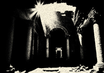Poster - Ancient ruins in sci-fi scene with dotwork retro style. Mysterious gate debris with dramatic lights and retro texture