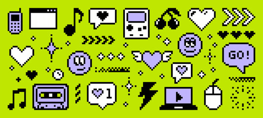 Aufkleber - Y2k pixel art icon collection with retro digital elements. Fun cartoon symbols for video game, social media, technology. Vector graphics.
