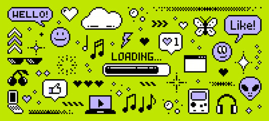 Aufkleber - A diverse y2k pixel art icon collection. Pixelated internet, video game, and music symbols for digital design. Vector graphics.