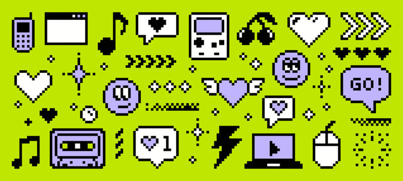 Y2k pixel art icon collection with retro digital elements. Fun cartoon symbols for video game, social media, technology. Vector graphics.