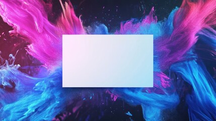 Poster - Futuristic blank invitation template with neon purple and blue strokes on white card in the center, background wallpaper AI generated image