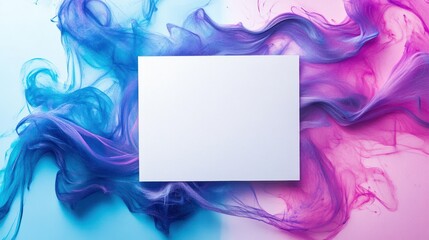 Poster - Futuristic blank invitation template with neon purple and blue strokes on white card in the center, background wallpaper AI generated image