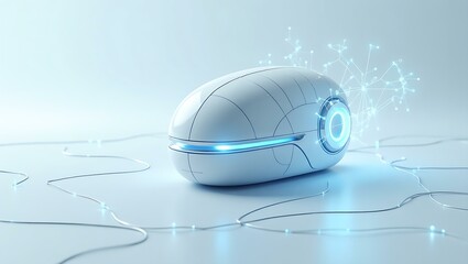 Poster - Futuristic white robotic device with glowing blue accents surrounded by digital connections.
