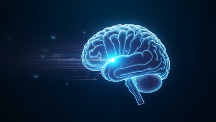 Poster - A glowing blue digital representation of a human brain, symbolizing intelligence and technology.