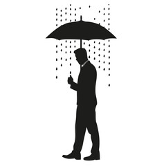 Poster - Silhouette of a man in a suit holding an umbrella standing in the rain against a white background created with generated ai