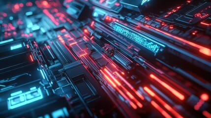 Poster - High-tech abstract interface with shifting red and cyan laser beams, background wallpaper AI generated image