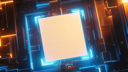 Poster - Futuristic invitation template, blank white card surrounded by gold and blue neon lights, background wallpaper AI generated image