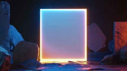 Poster - Futuristic invitation template, blank white card surrounded by gold and blue neon lights, background wallpaper AI generated image