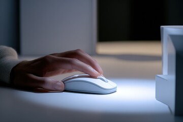 Poster - Close-up of a hand using a computer mouse on a desk in a softly lit indoor environment during evening hours