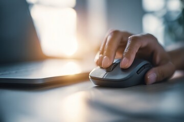 Poster - User interacts with computer mouse while working on laptop during late afternoon light in home office
