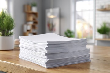 Poster - Stack of blank white sheets on wooden table in bright, modern workspace with greenery and natural light streaming in