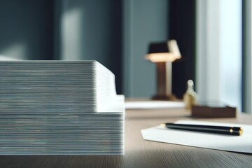 Poster - Neatly stacked paper sheets on a wooden desk beside a pen and lamp during a calm afternoon in a modern office