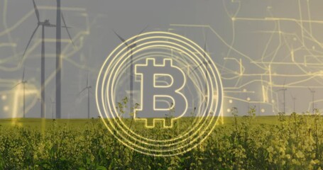Poster - Outline forming causing Bitcoin icon pulsing and animating circuit over rapeseed and turbines