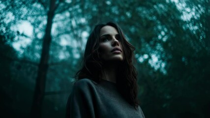 Wall Mural - cinematic footage shows a young woman with long brown hair, wearing a casual brown sweater, standing