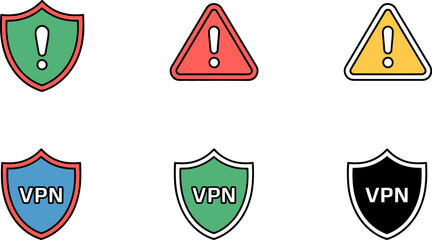 Fototapete - Vpn security and warning icons for internet safety and network protection against cyber threats online data editable stock vector illustration