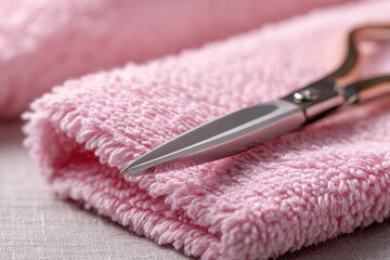 Poster - Close up shot of shiny metallic scissors lying on a folded fluffy pink towel, placed on a soft light gray fabric surface in a bright and neutral setting.