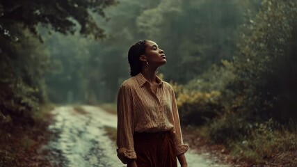 Wall Mural - atmospheric scene of a young woman standing on a forest path, looking up at the falling rain with a 