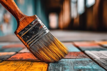 Poster - Close-up of a wooden paint brush lying on a multi-colored wooden surface, showcasing artistic craftsmanship and the beauty of painted wood, with a blurred background.