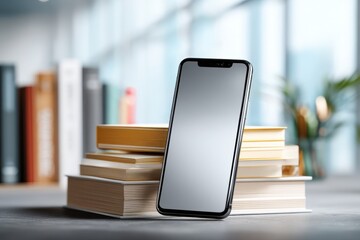 Poster - A sleek smartphone resting on a stack of elegantly bound books in a bright study area, suggesting technology and education working together for knowledge.