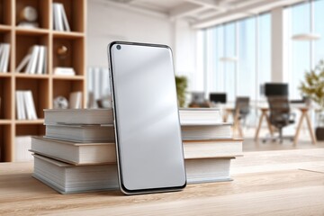 Aufkleber - A modern smartphone with a blank screen resting on a stack of books, set against a bright, contemporary office backdrop, creating a study or workspace scene.