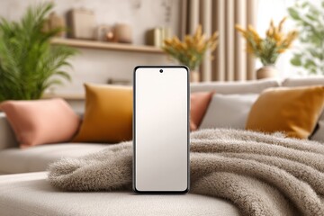 Poster - smartphone with a blank white screen on a cozy sofa with pillows in a warm and inviting living room,