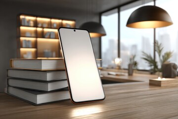 Aufkleber - Modern workspace featuring a smartphone with a blank screen propped against books, showcasing connectivity, education and work in a stylish, contemporary setting.