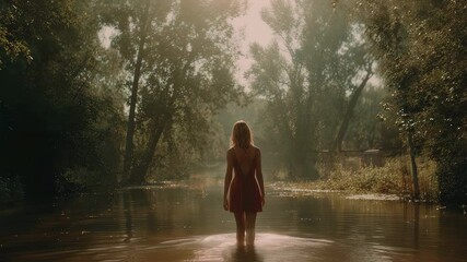 Wall Mural - cinematic footage of a blonde woman wearing a dress walking into a river surrounded by trees and fog