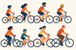 © Mario - Set of diverse people riding bicycles. Active family cycling. Men, women, and children on bikes. Outdoor recreational activity for health and fitness. Side view vector illustration.