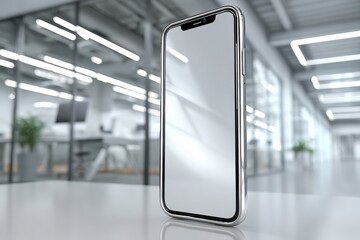 Poster - modern smartphone with silver finish standing in a bright, minimalist office space showcasing its sl