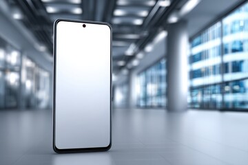 Aufkleber - A modern smartphone with a blank white screen, standing upright in a sleek, contemporary office environment, illuminated by natural light through large windows.
