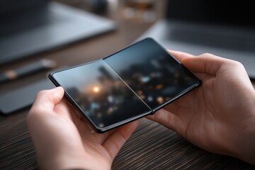 Aufkleber - A close-up shot of hands holding a modern foldable smartphone displaying a blurred city skyline with a glowing sunset, showcasing innovative technology and contemporary design.