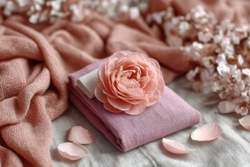 Poster - An elegant composition with a pink rose, soft fabrics, and petals create a serene and aesthetically pleasing still life, perfect for backgrounds, cards and design elements.
