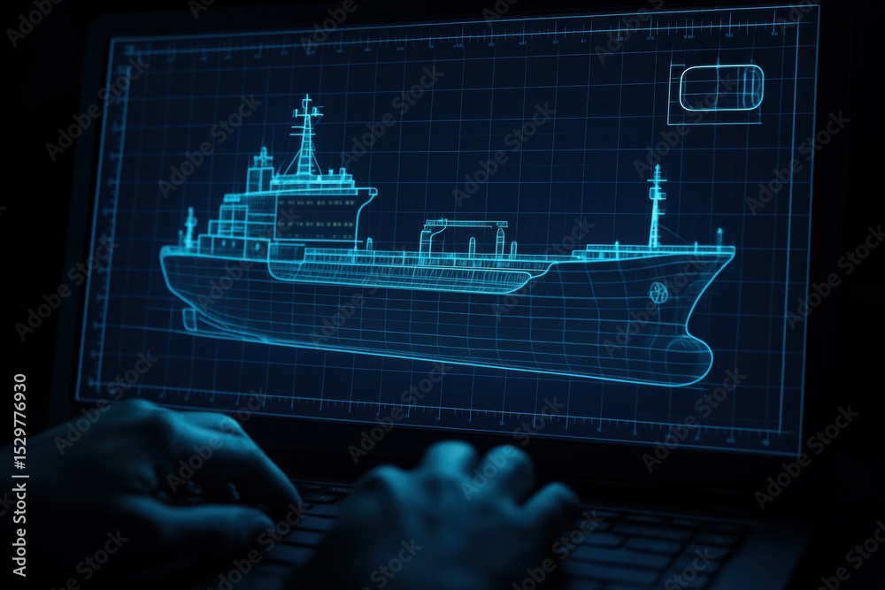 Digital blueprint of modern cargo ship displayed on computer screen ...