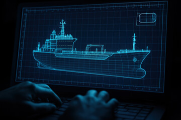Digital blueprint of modern cargo ship displayed on computer screen, featuring maritime engineering and futuristic vessel design
