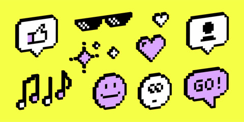 Aufkleber - Pixelated y2k 3d vector icons set, heart, lightning bolt, star, sunglasses, cloud, social media like and message symbols. Vector graphics.