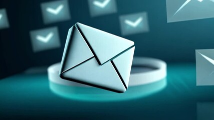Poster - Email Communication Symbol: A pristine email symbol hovers over a sleek platform, amidst a galaxy of digital mail icons, symbolizing seamless communication and digital connectivity.