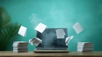 Poster - Data and Technology: A conceptual photo, capturing the digital information age with floating paper documents above a laptop and stacks of documents on a wooden desk.