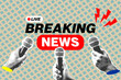 © mitay20 - breaking news concept design with reporter hands holding microphones isolated vintage halftone dotted effect retro collage cut-out element for current event urgent update live announcement.