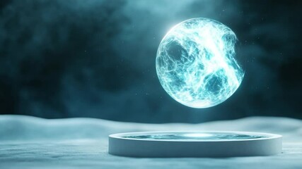 Poster - Mystical Orb: An ethereal, glowing orb levitates above a futuristic pedestal, casting an otherworldly glow against a serene, moonlit landscape.