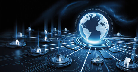 Poster - Global network connectivity concept showcasing interconnected houses linked to a digital globe.