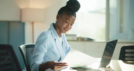 Poster - Office, laptop and woman with paperwork, reading or accountant with financial report, web or typing. Happy, employee and black person with documents for investment, corporate and smile for project
