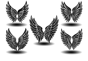 distressed black feather angel wings vector pack. elegant wing silhouettes designed for gothic tatto
