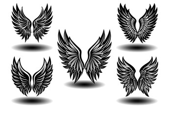 majestic black angel wings vector set with distressed feather details. perfect for gothic tattoos, f