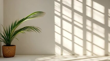Poster - Natural window creating an abstract light of shadows from a pattern on a beige wall and floor, perfect for background and design projects