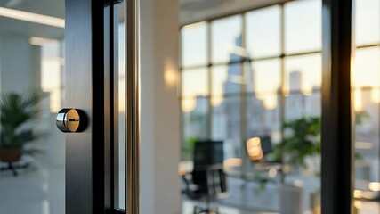 Poster - door, streaming through glass ambiance illuminating sleek office interior with vibrant green plant casting natural, welcoming Sunlight blurred background